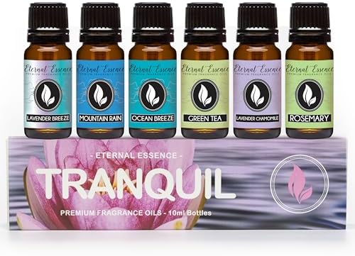Eternal Essence Oils Tranquil Set of 6 Premium Fragrance Oils - Includes Lavender Breeze, Mountain Rain, Ocean Breeze, Lavender Chamomile, Green Tea, and Rosemary Scented Oils - 10ML