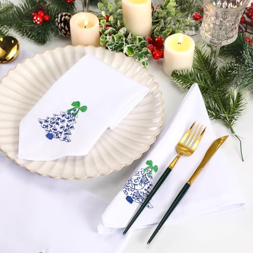 HunnmingRe 12 Pcs Christmas Blue and White Cloth Napkins, 16x16 Inch