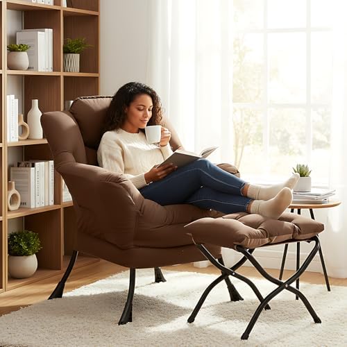 Welnow Lazy Chair with Ottoman, Reading Chair with Footrest,Dark Brown