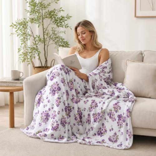Muslin Blankets for Adults Reversible Throw Fleece & Gauze, Soft Cozy Lightweight Breathable Floral Blanket for Bed Couch, Double Layer Muslin Purple Rose Throw Cover 90"x108"