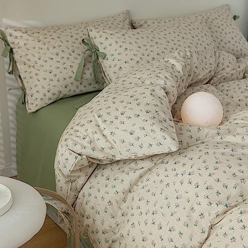 mixinni Country Style Duvet Cover Queen Size - Cottagecore Green Floral Vintage Bedding 3PC with Bow Ties Pillowcases, 100% Cotton Soft Aesthetic Boho Comforter Cover for Girls-Queen Size