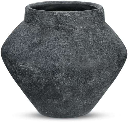Briful Large Rustic Ceramic Vase with Distressed Finish, 8.2'' Tall Wide-Belly Decorative Flower Vases with Felt Pads, Retro Style Pottery for Home Decor, Table Centerpiece, Black