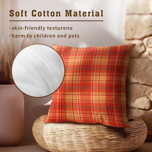 Fall Plaid Throw Pillow Covers 18x18inch Set of 2 Burnt Orange Buffalo Plaid Print Pillowcase Autumn Colored Tartan Thanksgiving Farmhouse Seasonal Decorative Cushion Cases for Home Sofa Patio