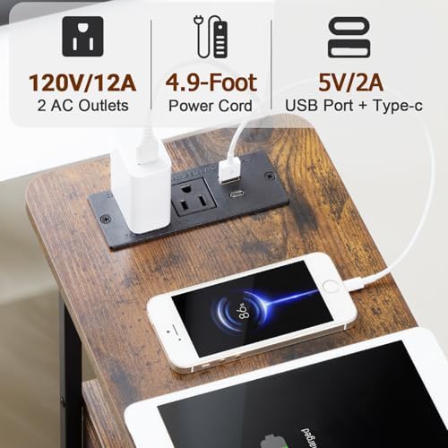 LOAKEKEL Narrow End Table with Charging Station, Small Nightstand
