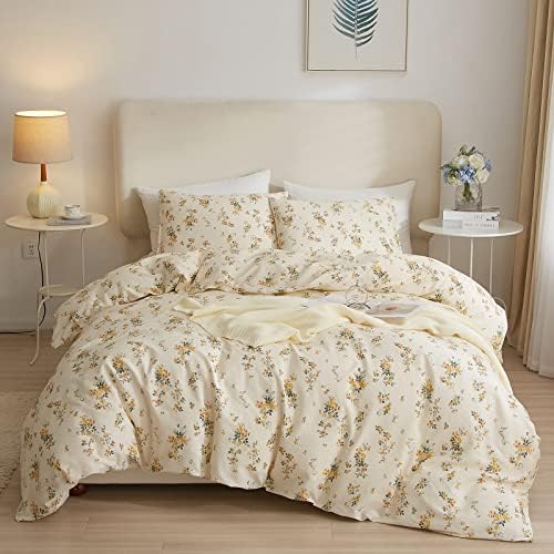 Flower Duvet Cover Set 100% Cotton Queen(90"x90"),Yellow Floral
