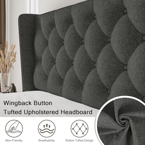 Einhomn King Size Platform Bed Frame with Upholstered Wingback Headboard, 12" Under Bed Space, Wooden & Metal Slats Support, No Box Spring Needed, Black