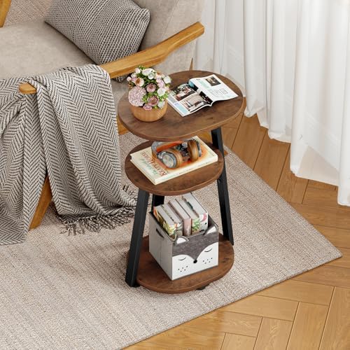 Kalrin Side Table, Small End Table with Metal Frame, 3-Tier Bedside Tables, Round Side Tables for Living Room Bedroom Couch Bathroom, Oval, Vintage Brown