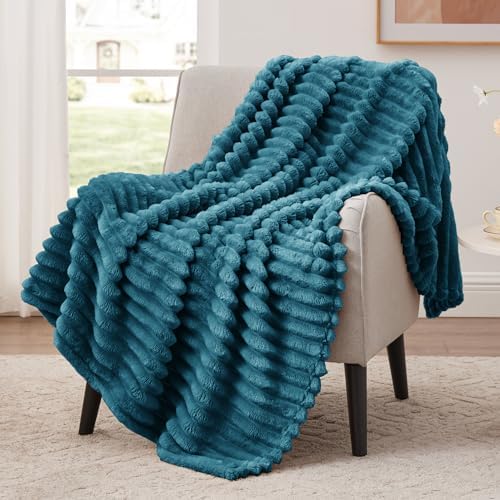 EXQ Home Stripe Twin Size Throw Blanket Teal for Couch Gentle Soft