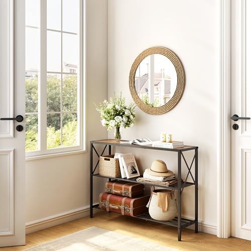 Hoctieon Industrial Console Table, 3 Tier Entryway Table, Hallway Table, Narrow Sofa Table with Shelves, Entrance Table for Entryway, Living Room, Foyer, Office, Rustic Brown&Black