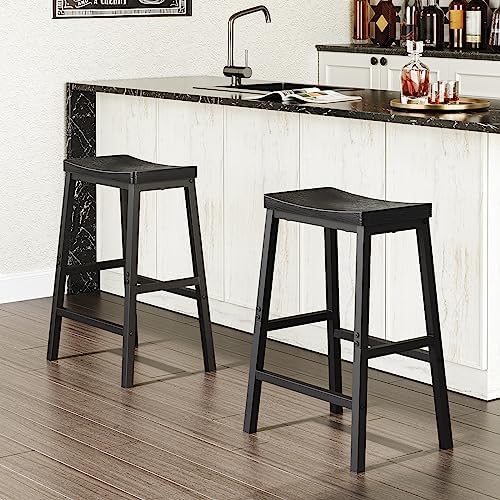 HOOBRO Bar Stools, Set of 2 Bar Chairs, 23.6 Inch Saddle Stools, Kitchen Counter Stools with Footrests, Industrial for Dining Room, Kitchen, Counter, Black BB02MD01