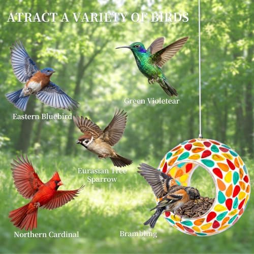 Rancco Colorful Mosaic Glass Bird Feeder for Outdoors, Wild Bird Feeder