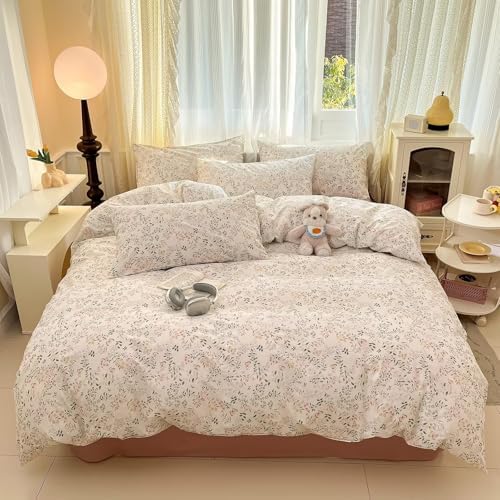 Pink Floral Queen Size Duvet Cover Set 3 Pcs,Cottagecore 100% Cotton Bedding Set for Women,All Season Soft Breathable Queen Comforter Covers with 2 Pillowcases 90"×90"