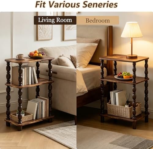 Narrow End Table, 3-Tier Side Table, Retro Couch Side Table for Small Spaces, Farmhouse End Table, Modern Accent Table, Skinny Bedside Table Nightstand for Bedroom, Living Room (Rustic Brown)