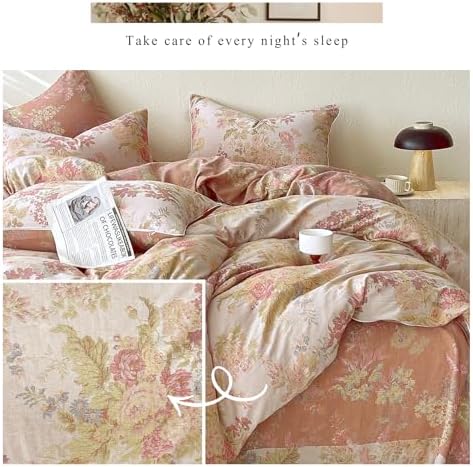 HighBuy Girl French Duvet Cover Full Size,Coquette Muslin Bedding Pink Rose Floral Muslin Cotton Comforter Cover Set for College,Farmhouse Chic Gauze Textured Bedding Set Breathable