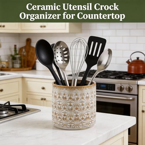 Utensil Holder Utensil Crock Rustic Embossed Ceramic Kitchen Utensil Holder – Farmhouse Decorative Countertop Organizer for Cooking Tools, Flowers, Coffee Pods, 5.3”x5.3” Vintage Beige