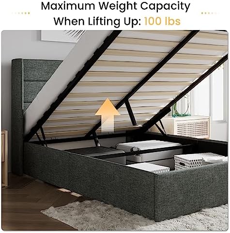 SHA CERLIN Full Size Lift Up Hydraulic Storage Bed Frame Dark Grey