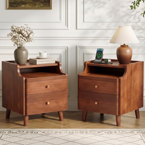 Nightstand Set of 2, Pre-Assembled, 19.7“H Solid Wood Night Stand with 2 Drawers, Open Sliding Shelf, Mid Century Modern Small Bedside Table for Bedroom, Walnut 16"