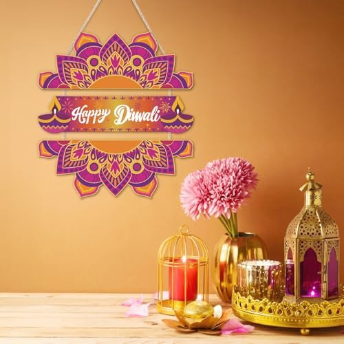 LHIUEM Happy Diwali Wooden Signs Indian Festival of Lights Door Hanging Decor Set of 3(4”X11”) Indian Wreath Garland,Dewalee Wood Wall Hanging,Diya Lotus Door Hanger Diwali Party Decor for Home Porch
