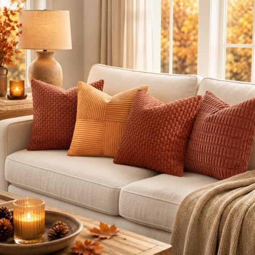 MIULEE Fall Decorative Throw Pillow Covers 18x18 Rust Textured Corduroy