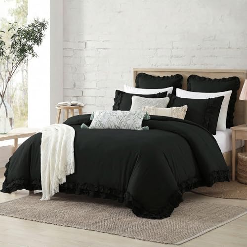 Bedorm Black Duvet Cover Twin Pleated Ruffled Bedding Set Shabby Chic Lace Ruffle Fringe French Country Room Decor Super Soft Cozy Black Boho Duvet Cover Sets