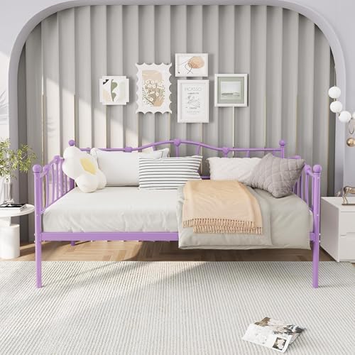 GarveeHome Twin Size Daybed Frame, Sofa Bed with Stylish Headboard, Heavy Duty Steel Slat Support, Space Saving for Living Room/Bedroom/Guest Room, Purple
