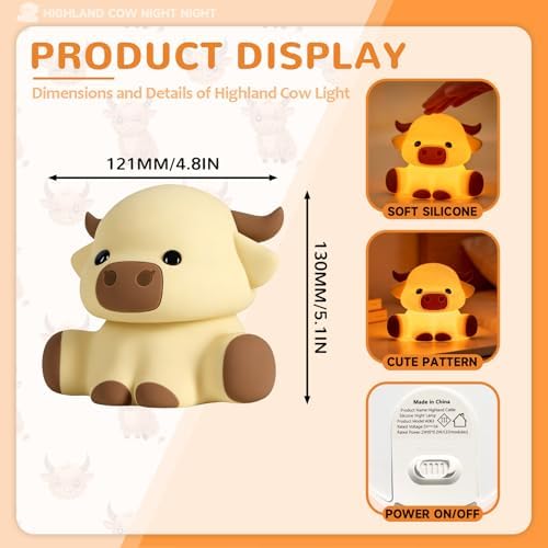 Highland Cow Night Light, Kids Rechargeable LED Lamp with Timer