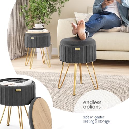 Round Ottoman with Storage, Pleated Velvet Storage Ottoman, Foot Stool Ottomans, Makeup Vanity Stool, Small Ottomans Foot Rest, Modern Vanity Stools for Living Room and Bedroom, Grey