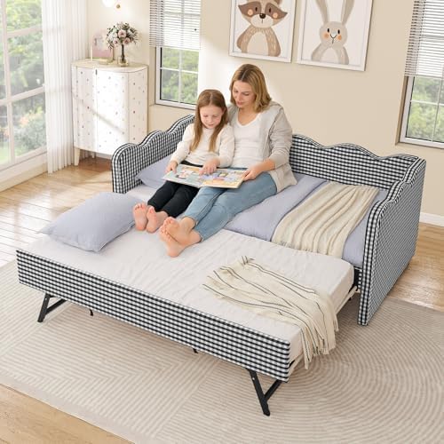 Twin Size Daybed with Pop Up Trundle, Linen Gingham Twin to King Daybed with USB Ports, Upholstered Day Bed Frame, Modern Sofa Bed for Living Room/Bedroom/Guest Room, No Box Spring Needed, Black