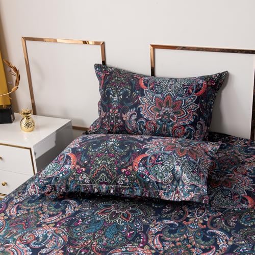 Retro Paisley Duvet Cover Queen Size Boho Damask Duvet Cover Sets 100% Brushed Cotton Bedding Set,1 Duvet Cover and 2 Pillow Shams for All Seasons-Stormy Blue
