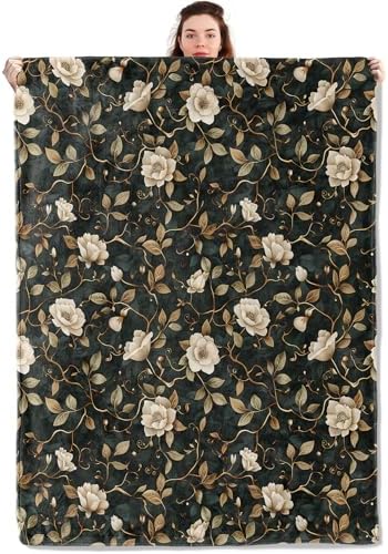 Vintage Floral Blanket Lightweight Blankets Gifts for Women Flannel Throw with Beige Flower and Gold Vine on Dark Background Printed for Sofa, Bed, Travel, Retro Decor Throws 80x60 Inch