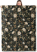 Vintage Floral Blanket Lightweight Blankets Gifts for Women Flannel Throw with Beige Flower and Gold Vine on Dark Background Printed for Sofa, Bed, Travel, Retro Decor Throws 80x60 Inch