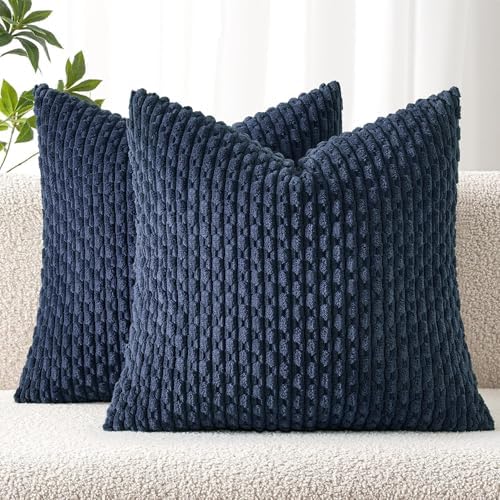 MIULEE Decorative Throw Pillow Covers 20x20 Navy Blue Textured Corduroy