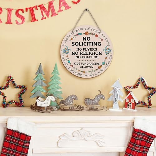 PHAMTE Funny No Soliciting Round Wreath Sign, Farmhouse Wall Hanging Plaque Wood Sign, No Flyers Religion Politics Funny Decor Decorations for Wall Pediments Door Porch Room 12 Inch