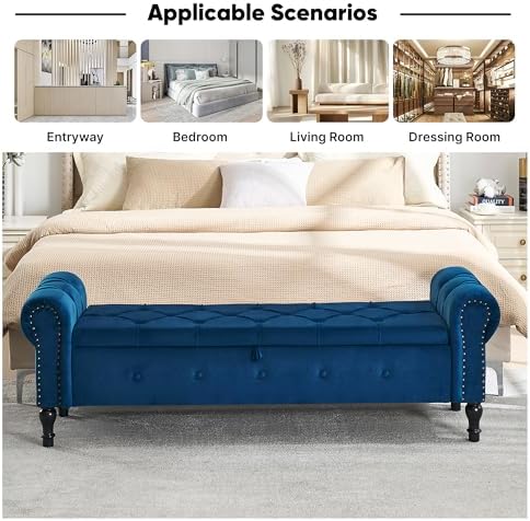 Storage Bench 67" Velvet End of Bed Benches Navy Blue