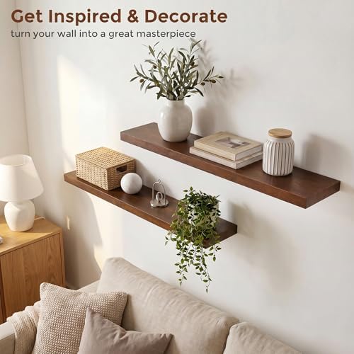 fuqing 40 Inch Floating Shelves 6.7'' Deep Dark Wood Wall Shelves Set of 2