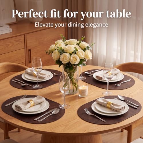Oval Placemats Set of 4, Wipeable Faux Leather, Coffee