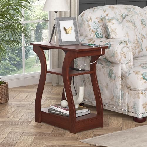 FROMJBEST End Tables Living Room, Cherry End Table with Charging Station