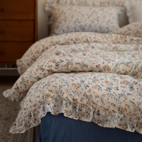 Girl's Small Floral Print Duvet Cover Set Twin Ruffled Bedding,Blue Flower
