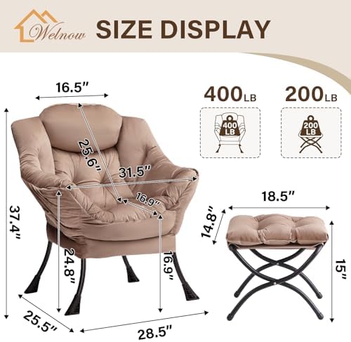 Welnow Lazy Chair with Ottoman, Reading Chair with Footrest, Light Brown