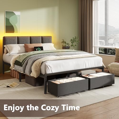 Furnulem Full Size Bed Frame with Upholstered Headboard & 2 Storage Drawers