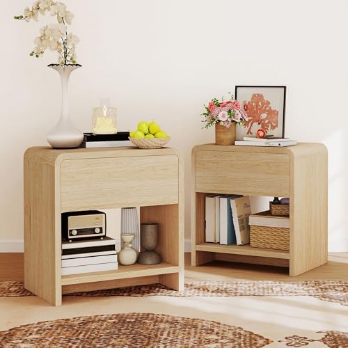 AMERLIFE Nightstands Set of 2 with Storage Drawer & Shelves, Oak
