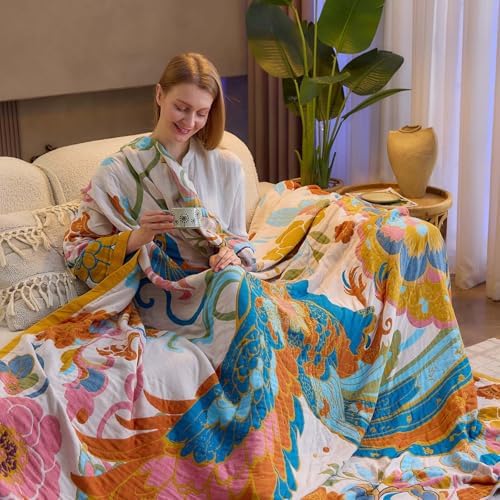 XIBLC Boho Throw Blanket, Lightweight Blankets for Summer, 100% Cotton Bohemian Decorative Throw Blanket, 50"x60" Reversible Muslin Breathable Woven Farmhouse Blankets Quilt,