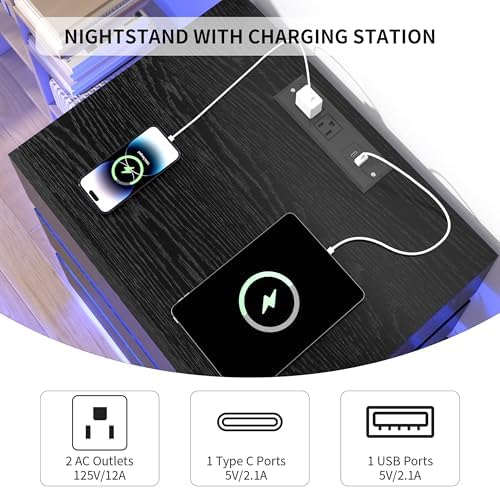 COWMOU LED Night Stand with Charging Station, 3 LED Strip Lights, 2 Outlets and USB-A/C Ports Bed Side Tables Bedroom Set Black End Table for Living Room