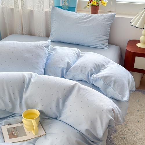 Vintage Blue Polka Dot Duvet Cover Twin XL 3-Piece Cotton Gauze Bedding Set