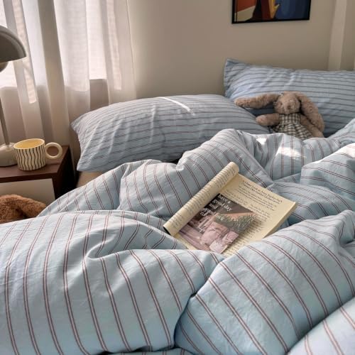 Blue & Brown Striped Duvet Cover Twin Size 3Pcs Washed Cotton Retro Bedding
