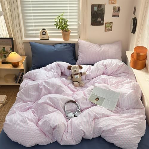 Cottage Striped Twin Duvet Cover- Lilac & Green Stripes Bedding Duvet Cover with Zipper Closure & 2 Pillowcases, Soft Breathable Washed Microfiber Retro Vintage Bedding Set 3-Piece for All Seasons