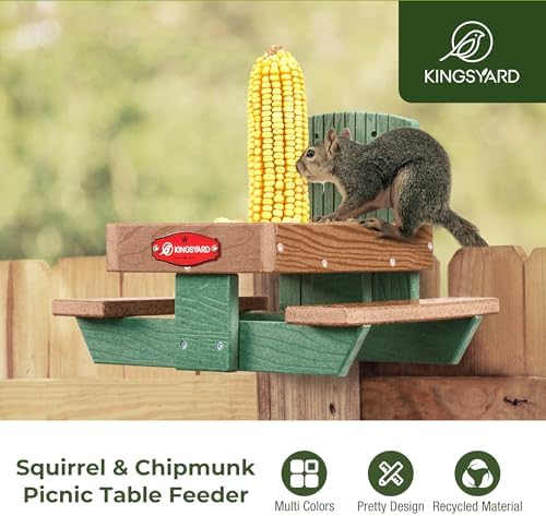 Kingsyard Squirrel Feeder Table for Outside, Recycled Plastic Squirrel & Chipmunk Picnic Table Feeder with Corn Cob Holder, 2 x Solid Structure Benches, Easy to Clean (Green)