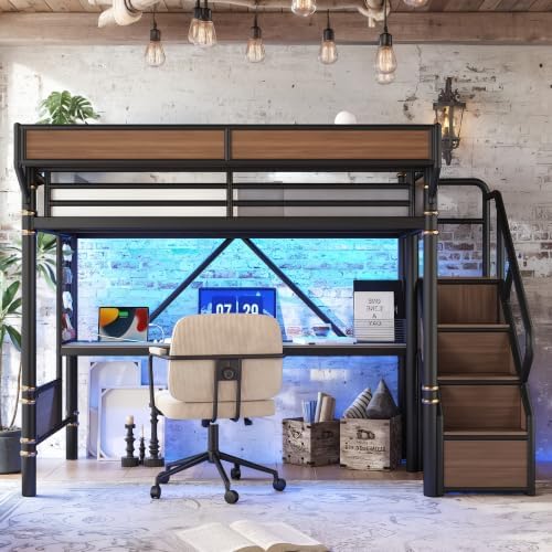 Twin XL Size Metal Loft Bed Frame with Staircase & Built-in Desk & Wardrobe, Loft Bed with Pegboard & Mesh Storage Baskets & Slats, No Box Spring Required, Easy Assembly, for Bedroom, Black