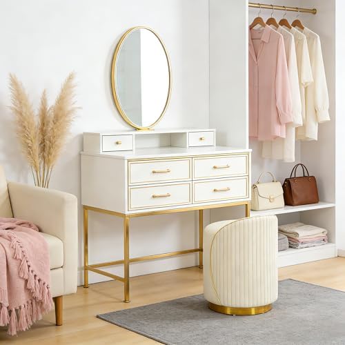 Vanity Chair with Back, Leather Vanity Stool - 360° Swivel Makeup Chair, No Assembly Upholstered Comfy Makeup Stool Ottoman for Bedroom, Dressing Room, Living Room, Beige