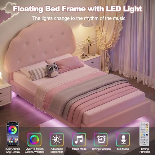 Decofy Full Size Bed Frame with Headboard and LED Lights, Cloud Floating Upholstered Bed Frames with Adjustable Headboard and Raised Footboard for Princess and Prince Bedroom, Teddy Velvet, Pink